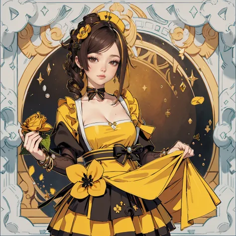 Chiori_(genshin impact), 1girl, dress, solo, collarbone, long flowing hair, brown hair, floating hair, ornament hair, perfectly body, gold jewelry, jewelry, maid, maid dress, perfectly hands, on garden, petals, yellow roses, centered girl, maid, maid dress...