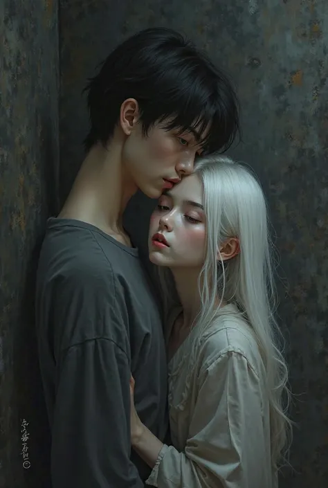 Black-haired young man with white-haired girl, with dark background 