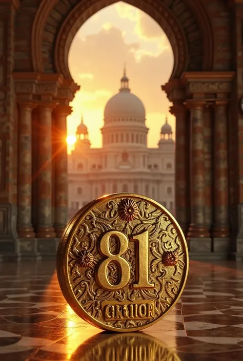 A 8k images of design carved gold coin with the text of "81 GROUP " placed near a palace window,very decorative design window ,palace Dom very decorative,Dom reflecting with sunset light.coin reflecting with special light. Master work.