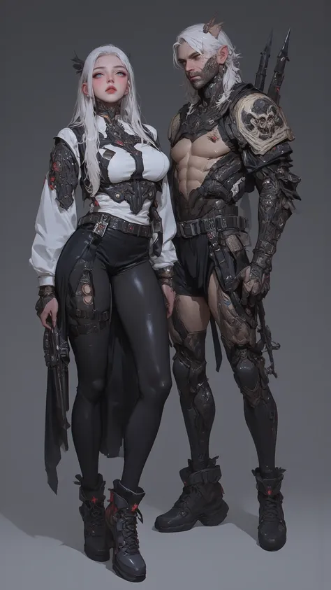 A sexy vampire lady，With watery eyes、silver long hair and long eyelashes，wears a deathworld battle uniform、black stockings and sneakers， A wounded male soldier in combat posture ，has dragon ears and colored contact lenses，has a huge chest and a slim waist。