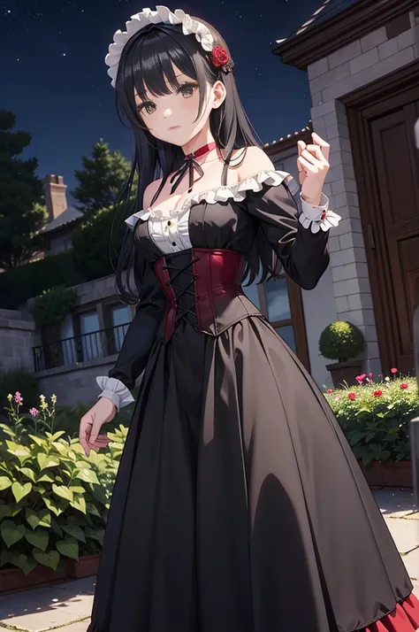 masterpiece, anime style, A young girl,  of foot, ( seen from the front ). pretty face,  tender look, long black hair, detailed eyes,  black eyes,  choker : 1.6, ((Victorian style dress in red and white)), corset, (long skirt), self-critical , greenish gar...