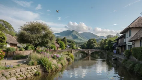 A calm and beautiful rural view in the morning. Vast green rice fields stretch out with farmers at work. A small river flows clear between shady trees, with a simple wooden bridge connecting the two sides of the village. Traditional houses with thatched ro...