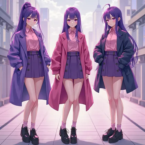 anime style, 3women, full body, standing, bare legs, light skin, purple hair, purple eyes, pink shirts, purple lcoats, purple skirts, black platform shoes