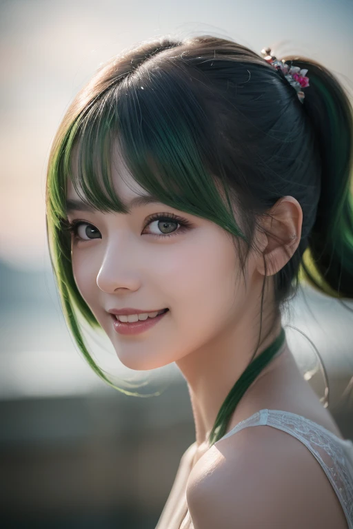 1 girl, Alone, hair ornament, green hair, twin tails, long hair, dress, water,, Mid-range portrait photography ,, Dark Fantasy Backdrop , Charming grin., ultra-realistic and highly detailed intricate photorealistic analog style photography ,Sharp focus of ...