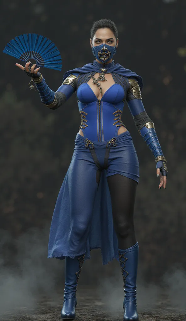 (((Kitana from Mortal Kombat,  ultra realistic))), (((full body))), (((perfect hands))), old background, (((Perfect Weapons))),  She must be dressed in a tight blue bodysuit ,  adorned with gold details that refer to her real origin. Complete o visual com ...