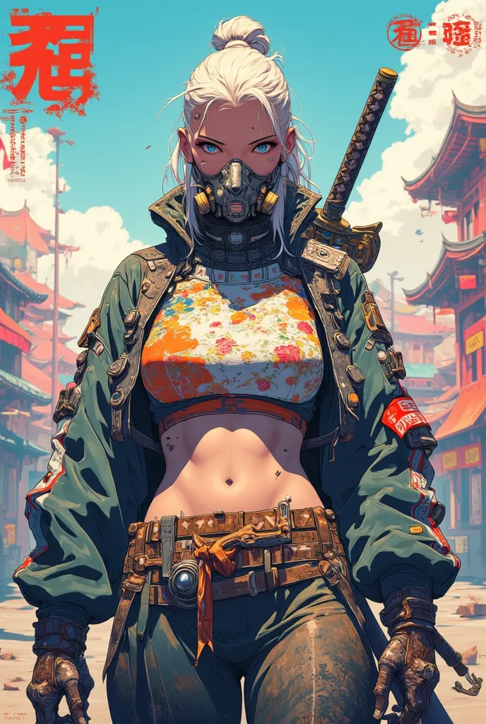 Samurai, women 22 year old, beautiful, looking down, victory, Blue bright eyes, respirator mask, colourful, battle scares, sword on the back,big boobs, pelvic carpet,big coller, samurai pants, string and straps, ballet,big long phony tail, casual,in there ...