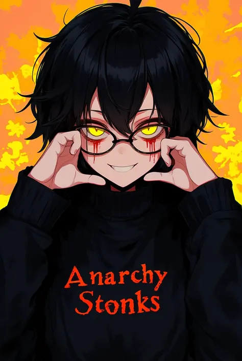 written on it black-haired boy, anime style ,with glasses, yellow eyes,  black sweater, that has been written "Anarchy Stonks",without any accessories on the face or neck besides the lenses, be smiling macabrely, that the image focuses on his face, lenses,...