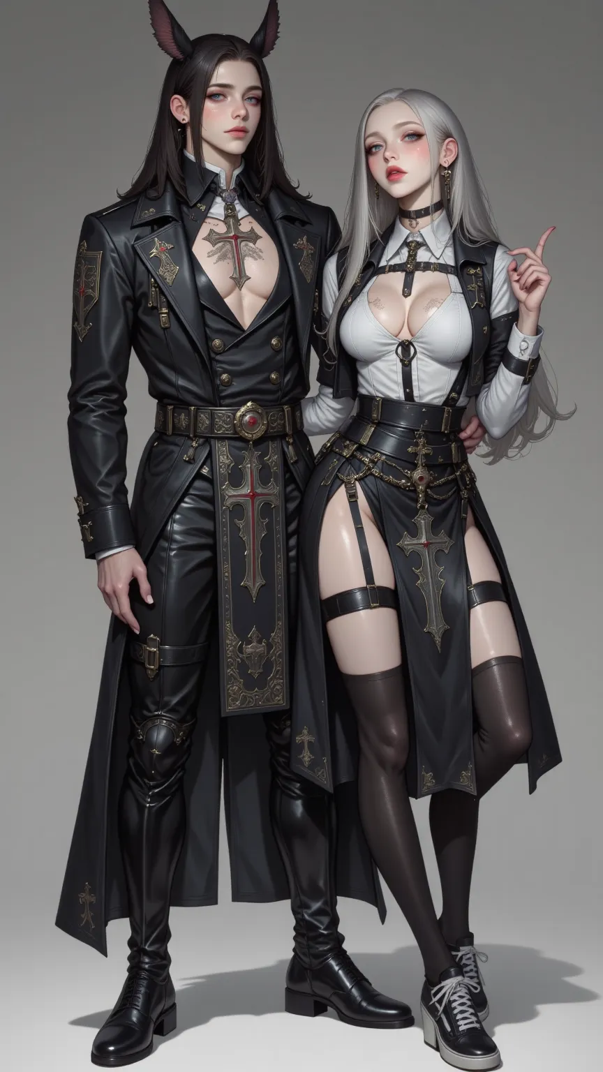 A sexy vampire lady，With watery eyes、silver long hair and long eyelashes，wears a deathworld battle uniform、black stockings and sneakers， A wounded male soldier in combat posture ，has dragon ears and colored contact lenses，has a huge chest and a slim waist。