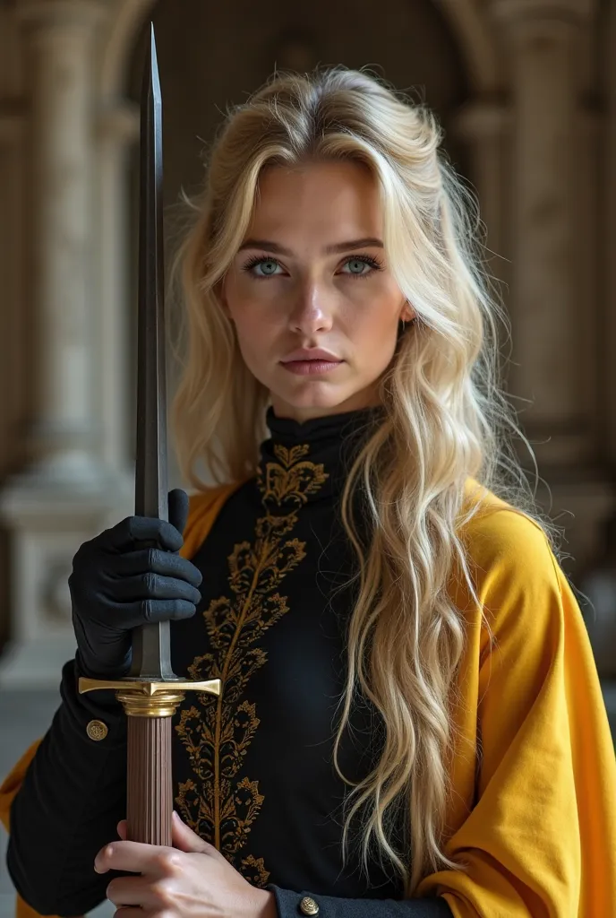 Une femme  chevalier en armure noir et jaune , cheveux long  blond doré  tenant debout son épée devant elle, brandissant l épée , photo réaliste , corps entier ,  vu de loin ,  decor l château  fantastique vu de face  