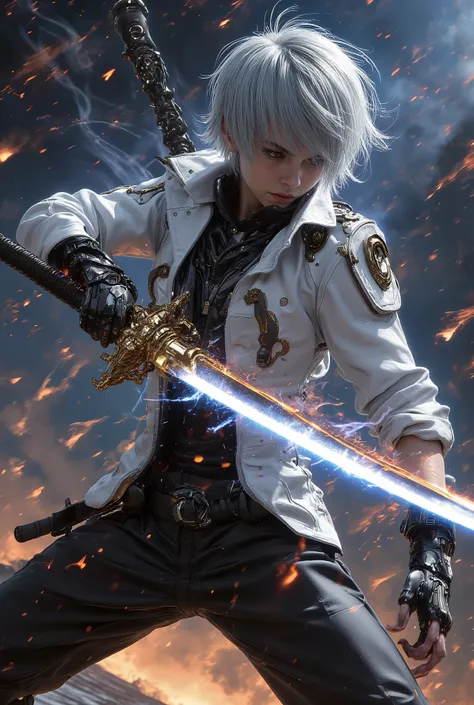 
(absurdres,  highres,  ultra detailed), masterpiece, the best quality, a boy in a white jacket, holding a sword, Alone ,  elegant, Short Hair, White hair, Detailed face,  combat posture,  Attack Posture , wielding a sword pose,  abstract background theme,...