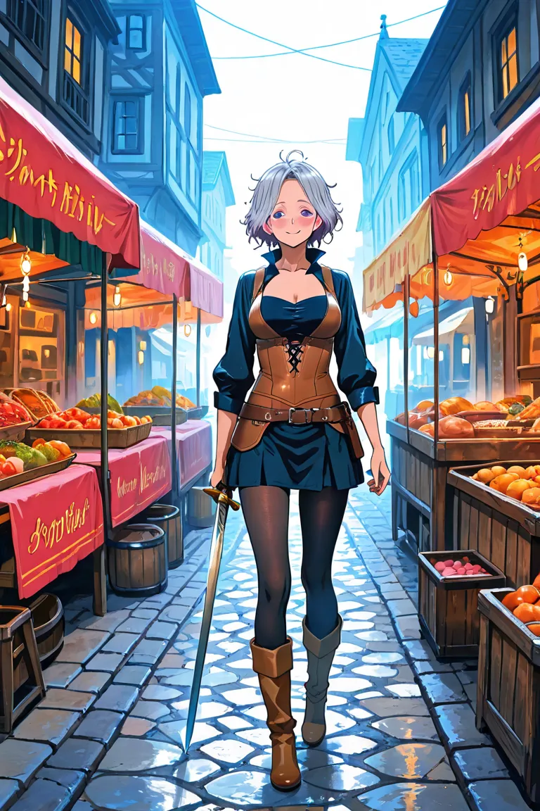 A  boy in *DanMachi* anime style, with messy hair and curious eyes, wearing lightweight adventurer gear. Beside him stands a confident 25-year-old woman in a stylish yet practical outfit: a fitted leather top, short skirt, tights, and boots, with a sword a...