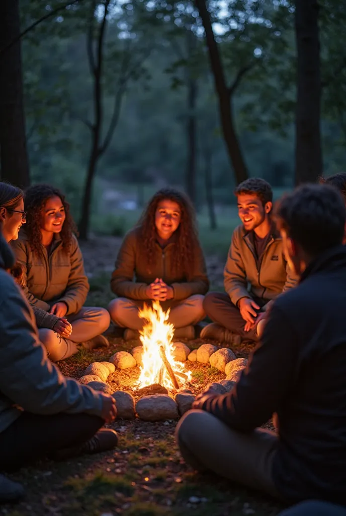 A circle of people sit around a campfire, sharing their personal experiences.
Everyone listens attentively to, as the warm light of the campfire illuminates their relaxed faces. The scene reflects the importance of emotional healing through community.