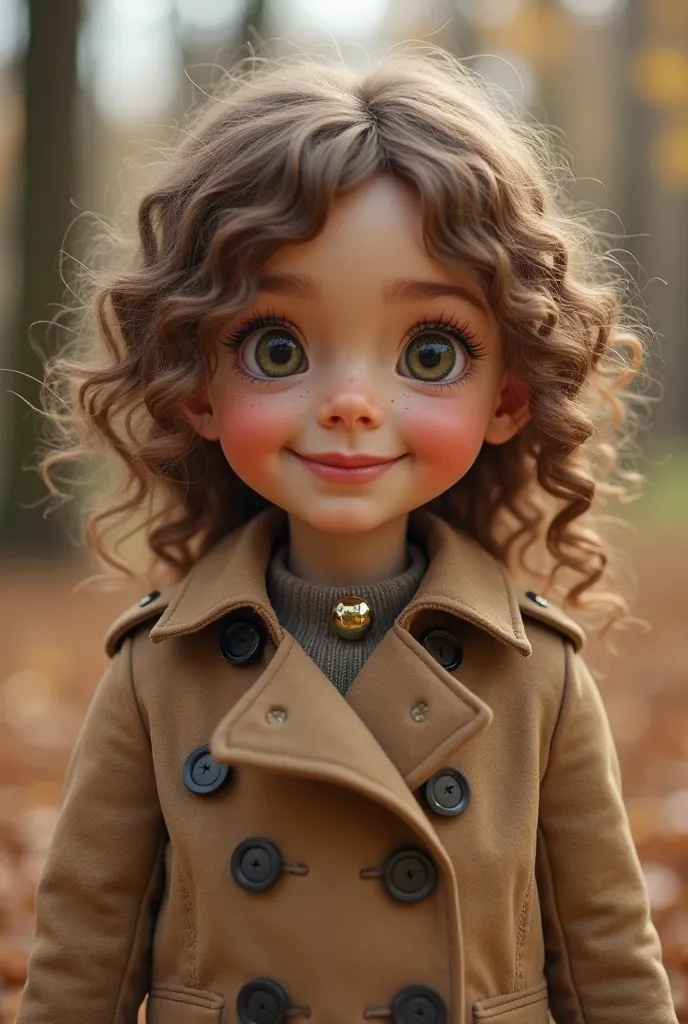 Dans un style realiste. Une petite fille de 6 ans qui porte un manteau trench marron a carreaux avec des boutons doré que sur le col. She has light brown curly hair, Thin khaki green almond-shaped eyes, round cheeks a bit pink with a big smile and small sh...