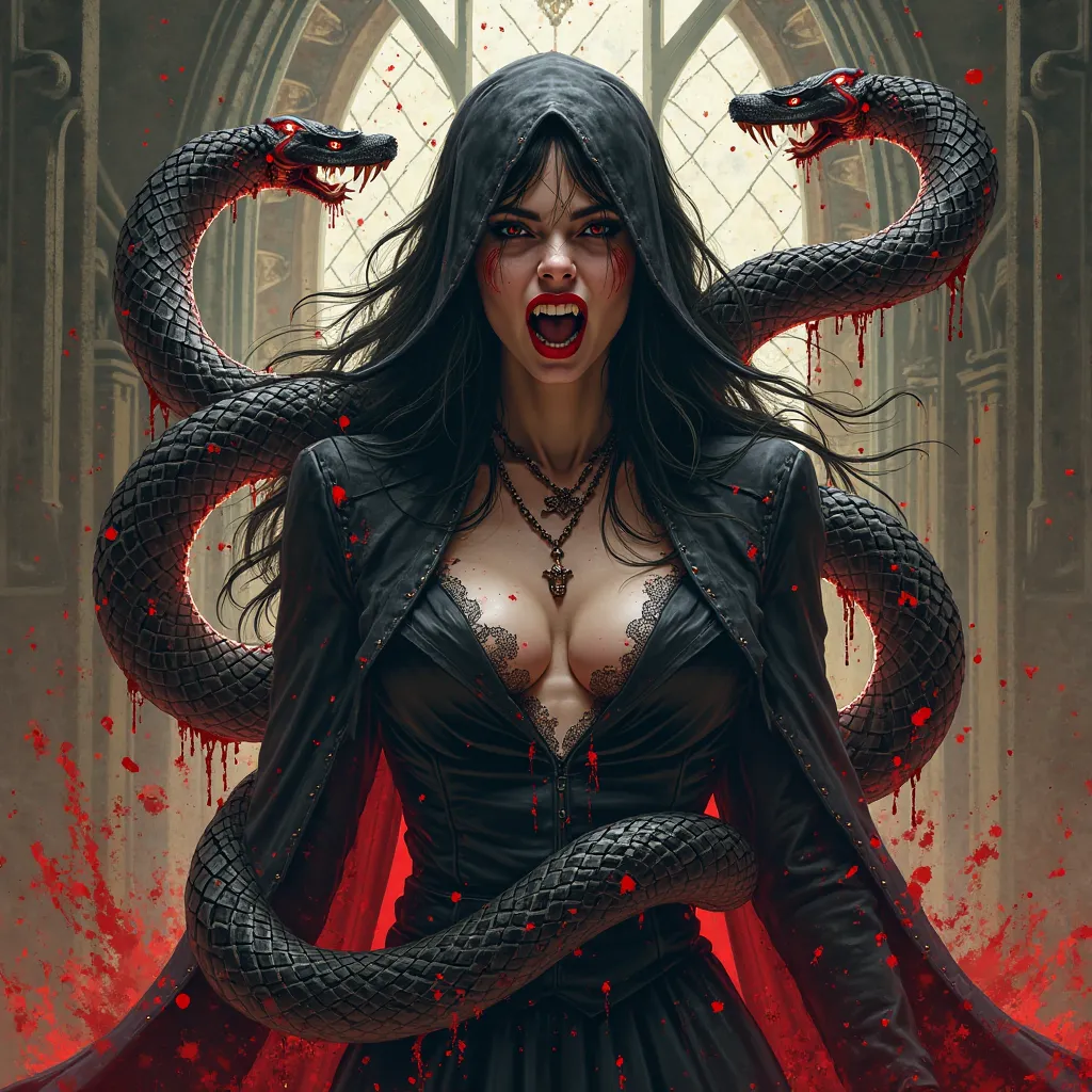 Vampire woman with mouth full of sharp teeth snakes around her body blood and chains Hood, Action Painting, Border, cathedral background 