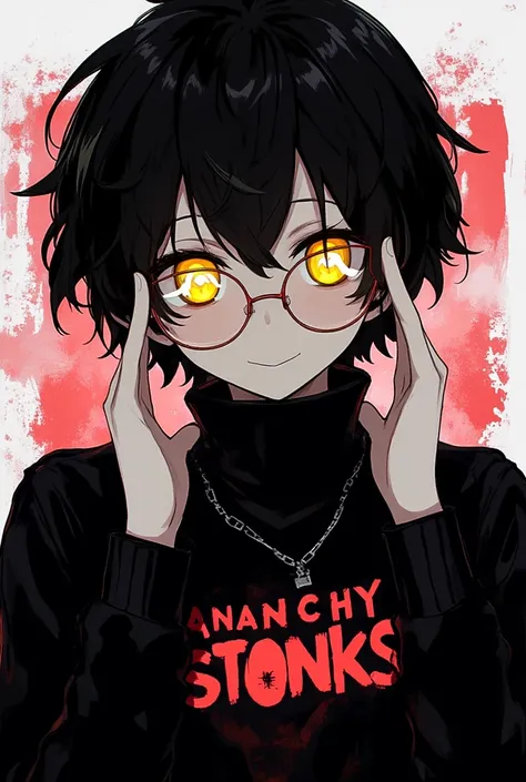 Boy who looks like a black-haired student, anime style ,with glasses, yellow eyes,  black sweater, that has been written "Anarchy Stonks",without any accessories on the face or neck besides the lenses, be smiling macabrely, that the image focuses on his fa...