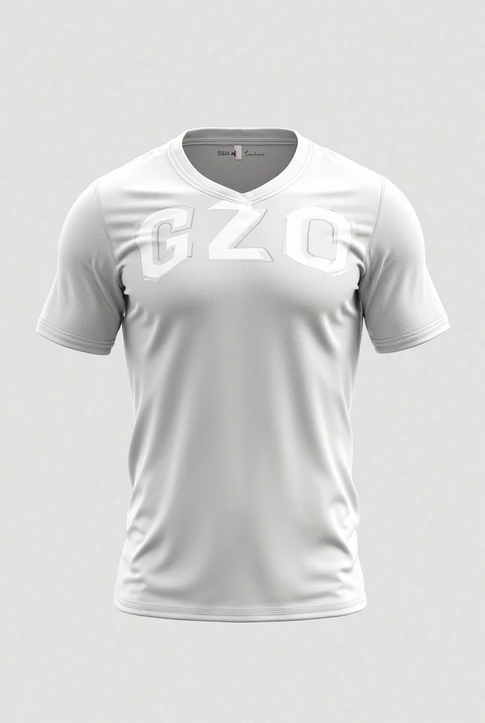 Create a white jersey for a team with the “GZO” logo in capital letters 