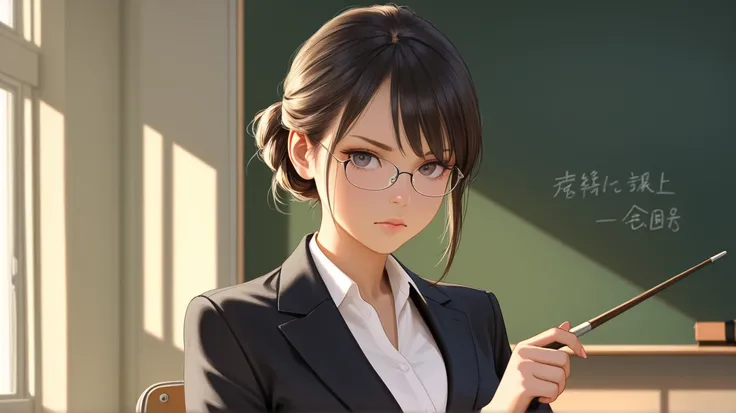 A sophisticated female teacher standing in front of a blackboard in a classroom. She wears glasses and a tight-fitting suit, with her hair neatly tied up. Holding a pointer stick in one hand, she has a serious and focused expression while teaching. High re...