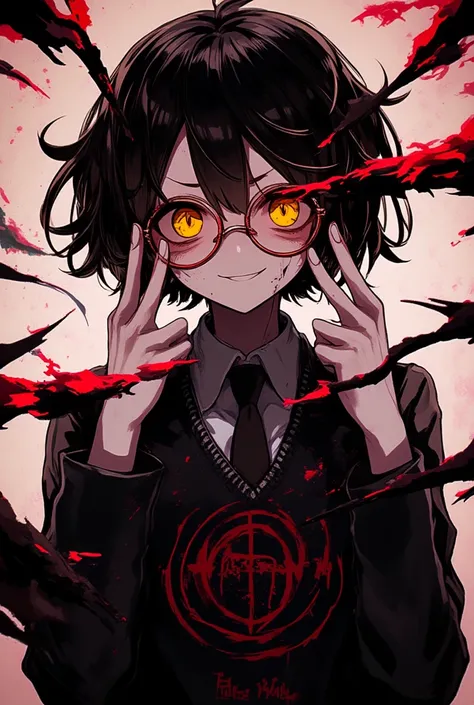 Boy who looks like a student with short black hair, anime style ,with glasses, yellow eyes,  black sweater, that has been written "Anarchy Stonks",without any accessories on his face or neck besides glasses, suit who is smiling macabrely, that the image fo...