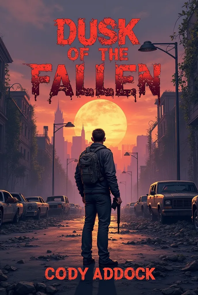 A post-apocalyptic landscape at dusk, with the sun setting behind a ruined city skyline. The sky is a mix of deep purples, oranges, and reds, casting long shadows over the desolate streets. In the foreground, a lone figure stands with his back to the viewe...