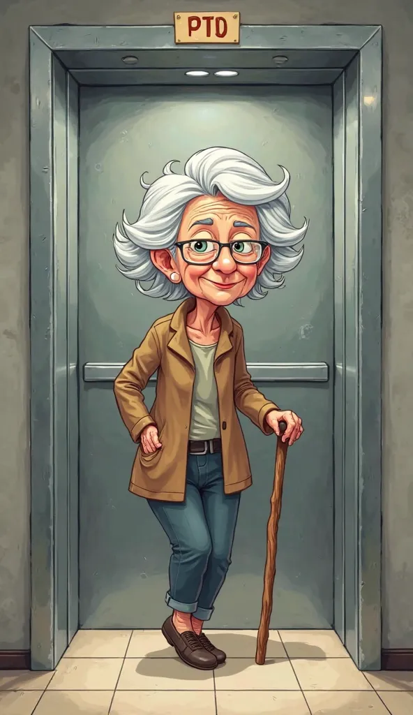 A cartoon of an old woman with white hair holding a cane, entering an elevator alone.