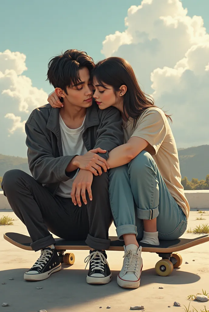 there are two ren that are sitting on a skateboard, a digital painting inspired by jeonseok lee, tumblr, realism, artwork in the style of guweiz, boy and girl, couple pose, guweiz, [ digital art ]!!, guweiz masterpiece, realistic picture, ruan jia and brom...