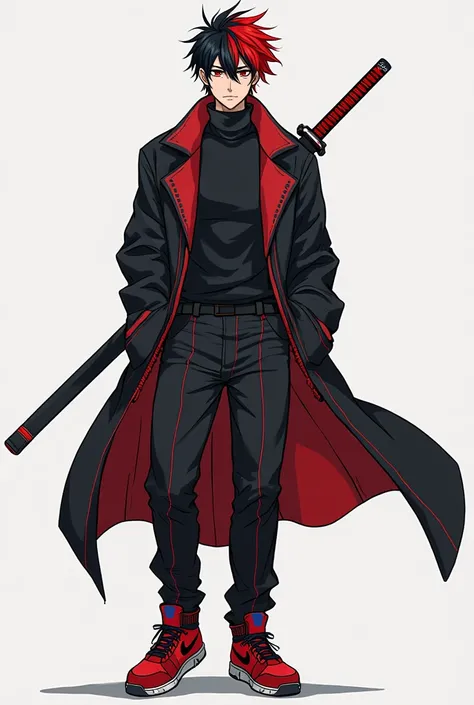  a 24 year old man , of 1,90 tall, tez blanca, black hair with some red hair, hairstyle like that of Itadori from Jujutsu Kaisen, The clothes a black coat with red stripes,  black sweater, black pants with red lines, Nike sneakers red with black and a red ...