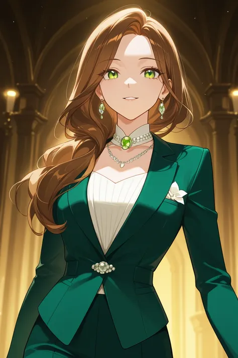 masterpiece, best quality, amazing quality, very aesthetic, newest, 1woman, adult, brown hair, long hair, green eyes, suit, tall, highres