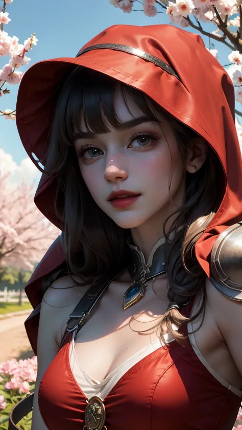 masterpiece, From Demon Girl，Delicate Face Egg，Bangs, long hair, hood,  Devil's Corner , Chest, Red Leggings. Bare shoulders，Black Trousers，x belt，with her hands wearing an armor wristband，.