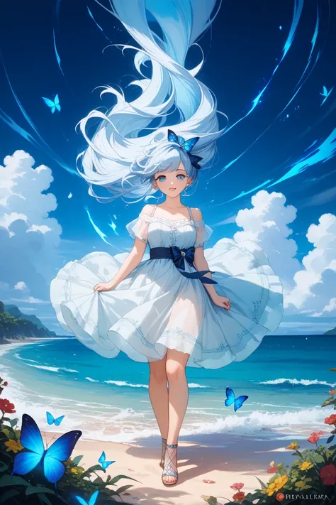 Anime-style illustration, oil painting style, a fantastic and very beautiful girl standing on the beach at night, she turns around surrounded by the sound of gentle waves, her dress, gently swaying in the wind, is a transparent translucent pale blue, shini...