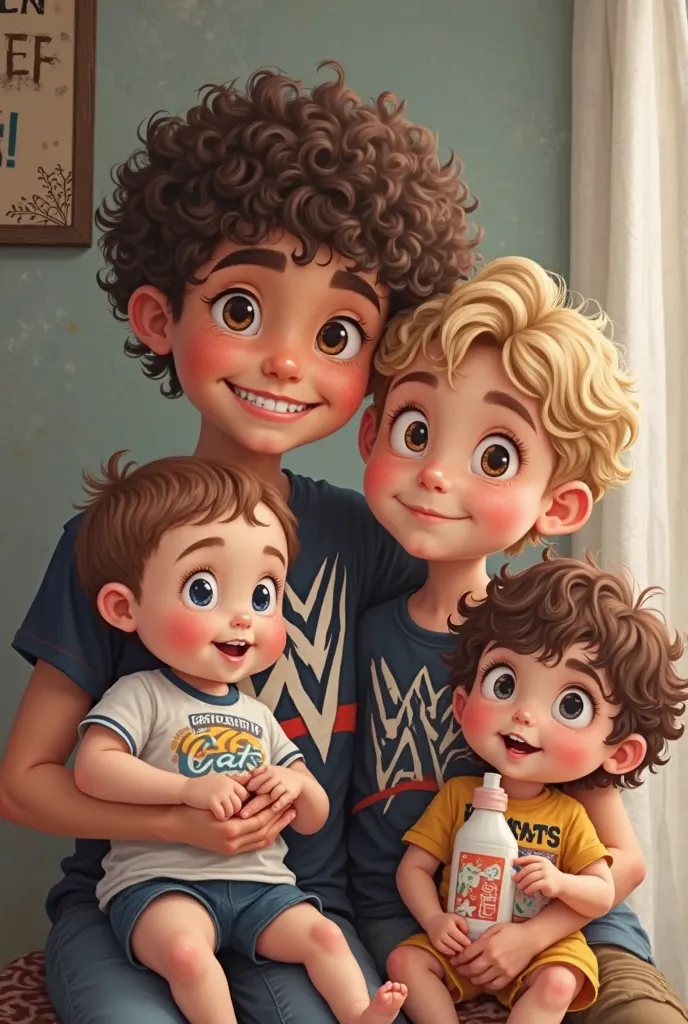 Create an image of a white curly hair boy with brown eyes and brown hair with a wwe shirt smiling with a  next to him  wavy brown hair with a big smile wearing a Geelong cats shirt and a little white  boy with brown wolf hair and very blue eyes with a bott...