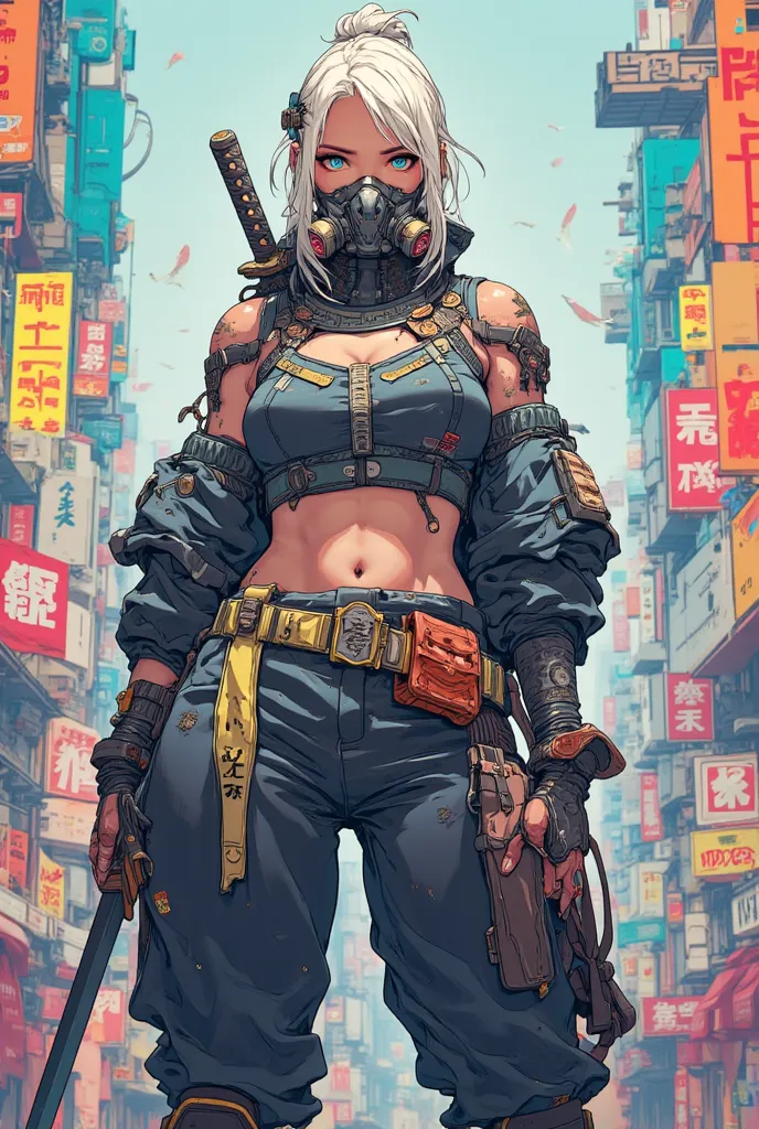 Samurai, women 22 year old, beautiful, looking down, victory, Blue bright eyes, respirator mask, colourful, battle scares, sword on the back,big boobs, pelvic carpet,big coller, samurai pants, string and straps, ballet,big long phony tail, casual,in there ...