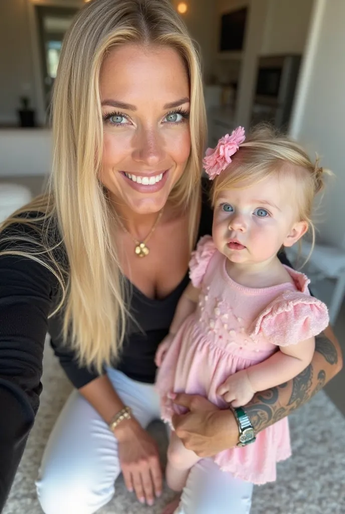 Selfie Very pretty white woman smiling sexy  with long straight blond hair and blue eyes in white pants and black top holding a very pretty and cute blonde baby with a hairstyle in her hair and a bow of 3 months in a pink dress with her sexy blond boyfrien...