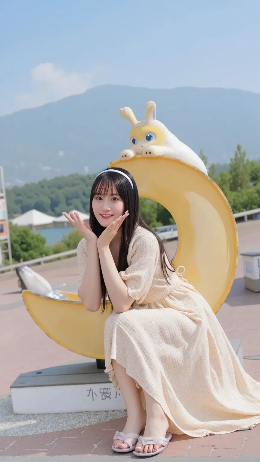 "A Japanese woman sitting on a crescent-shaped sculpture in a tourist destination. She is smiling and making a peace sign with her left hand. She is wearing a beautiful, casual dress (a one-piece dress). The background shows scenic beauty, possibly with a ...