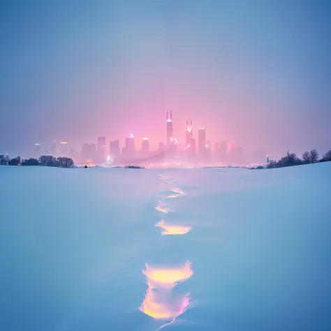 A snowy landscape at night. Glowing footprints leading to a city skyline lit by soft neon lights. The sky is a dreamy gradation, serene yet mysterious. The city's warm glow contrasts with the cold snow, making it seem distant yet alluring.