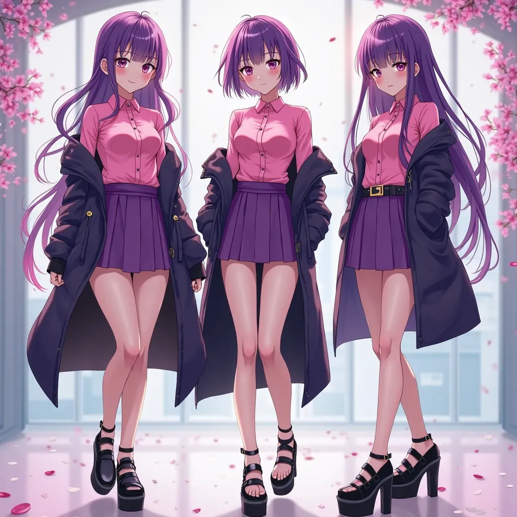 anime style, 3women, full body, standing, bare legs, light skin, purple hair, purple eyes, pink shirts, purple lcoats, purple skirts, black platform shoes