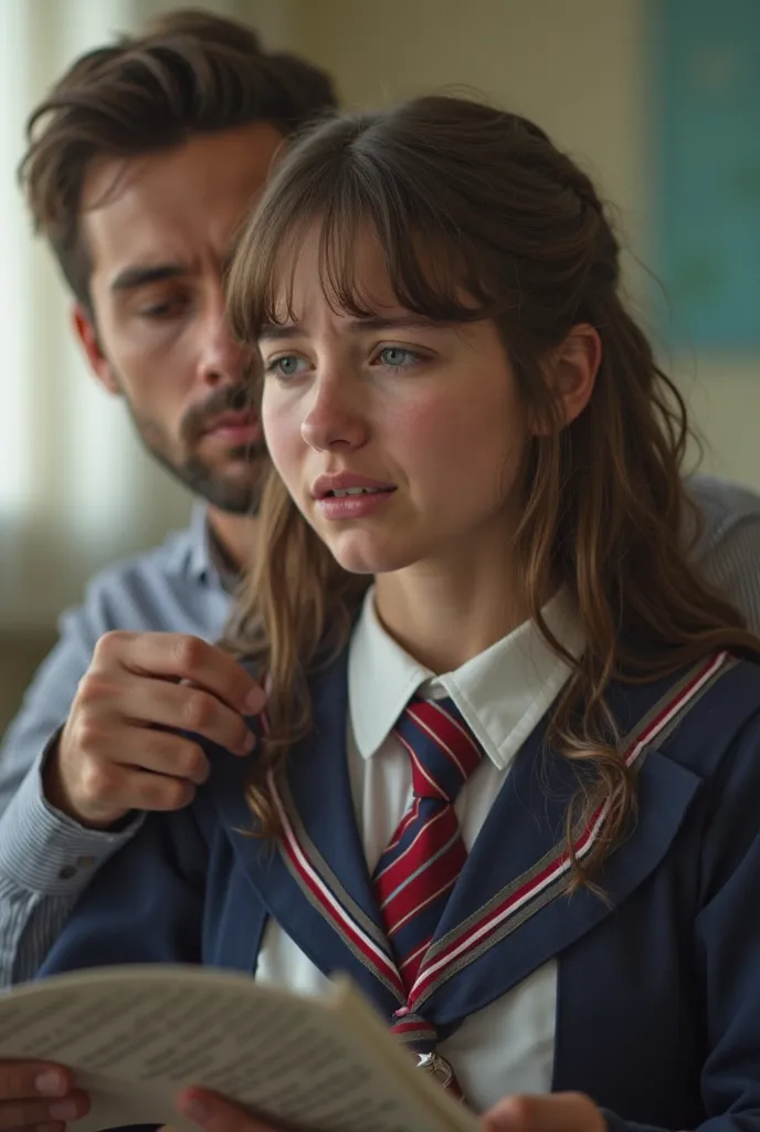 Sexy girl wearing a school uniform with her pussy showing... In the arms of a man in class, crying in pain as he plays with her pussy  with his hand. Real photo