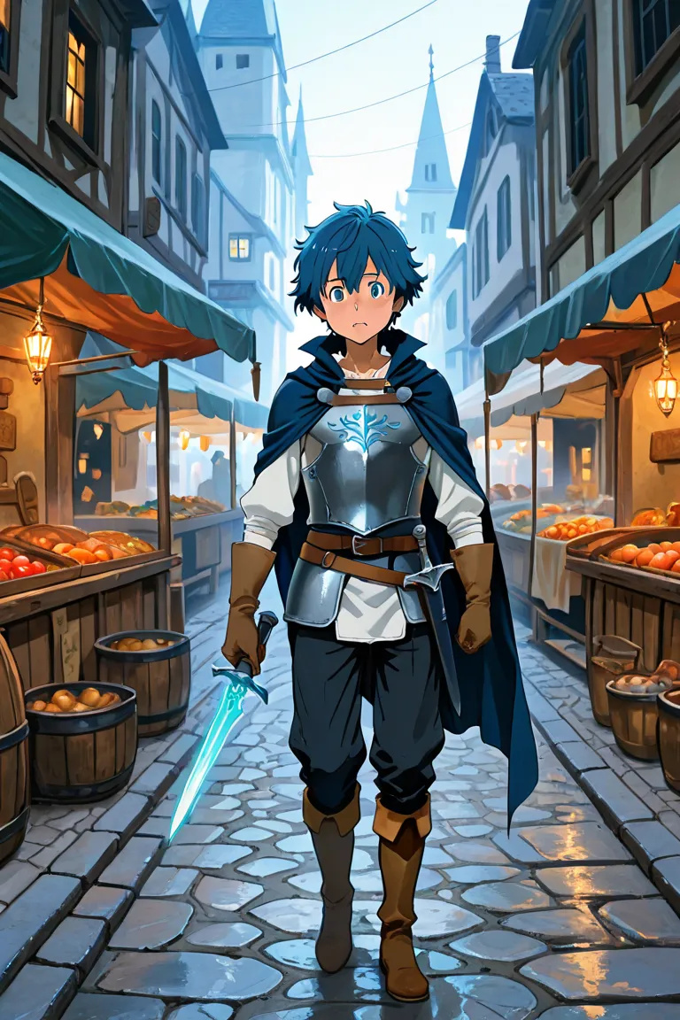 A shota male character in the style of *DanMachi* anime, around , with short, messy hair and wide, curious eyes. He is wearing lightweight adventurer's gear, including a small leather chest plate, gloves, and a tiny cape. He is holding a glowing dagger in ...