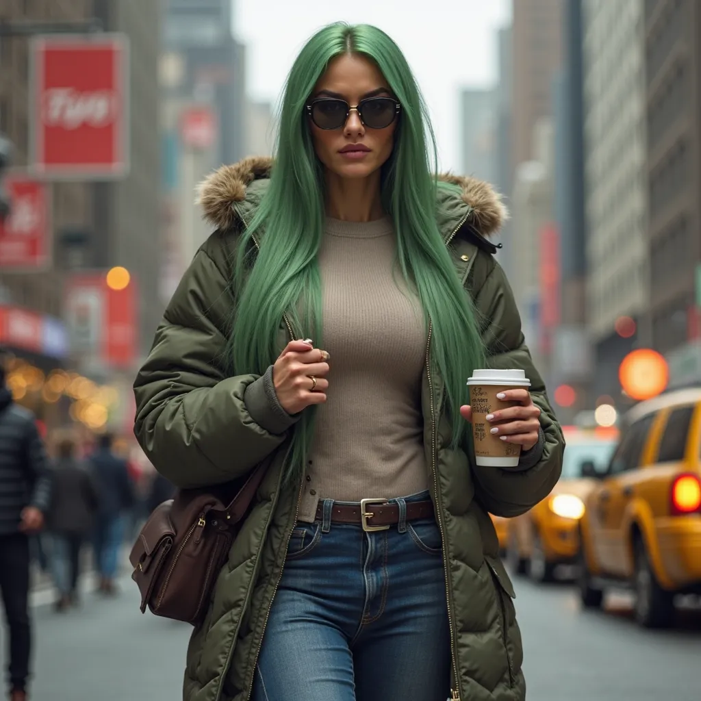 A highly muscular female model with long, straight green hair, large silicone breasts, and a well-defined, strong body. She is traveling in New York City, standing on a busy street with iconic skyscrapers and yellow taxis in the background. She wears a sty...