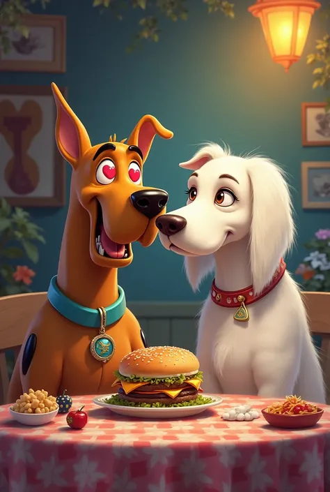  Scooby Doo with eyes of hearts sitting at a table accompanied by a beautiful pretty white dog eating a hamburger together