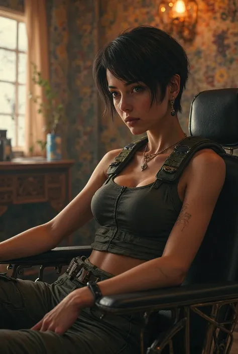 Create a woman similar to Jill Valentine, wearing similar clothes and similar hair sitting in a hairdressing chair and talking to her hairdresser