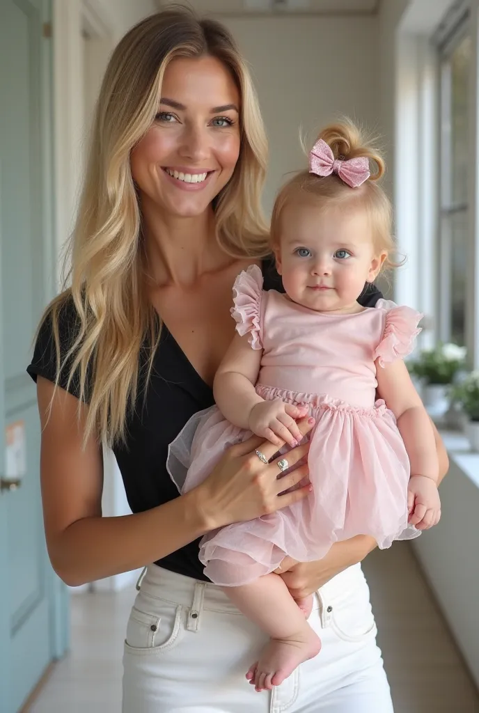 Selfie Very pretty white woman smiling sexy  with long straight blond hair and blue eyes in white pants and black top holding a very pretty and cute blonde baby with her hair and a 3-month bow in a pink dress in a billionaire office 