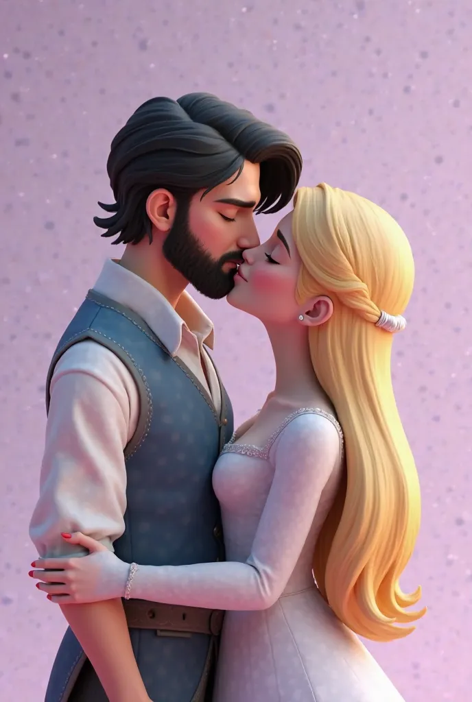 3D rendering in Disney Pixar style ,  A white man , black hair , Straight little goosebumps,  with a beard ,  a white woman , big blond straight hair ,  a couple kissing,   wearing period clothes , smooth lilac background  .