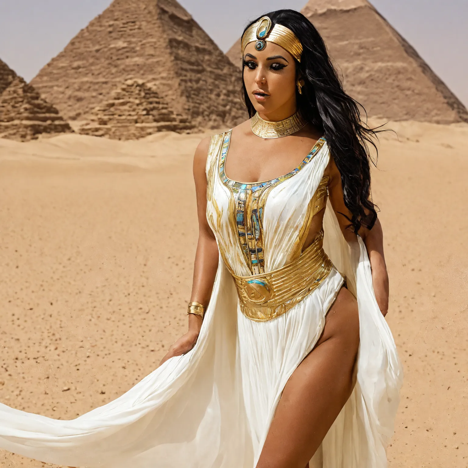 photograph of the goddess Isis, ornate, Egypt, intense exotic face, mystical aura, dust, debris, tanned skin, Ankh, Black Eyeliner, black hair, clothing transparent white silk sheath dress, solar disk and cowâs horn headdress, beauty, with desert pyramid...