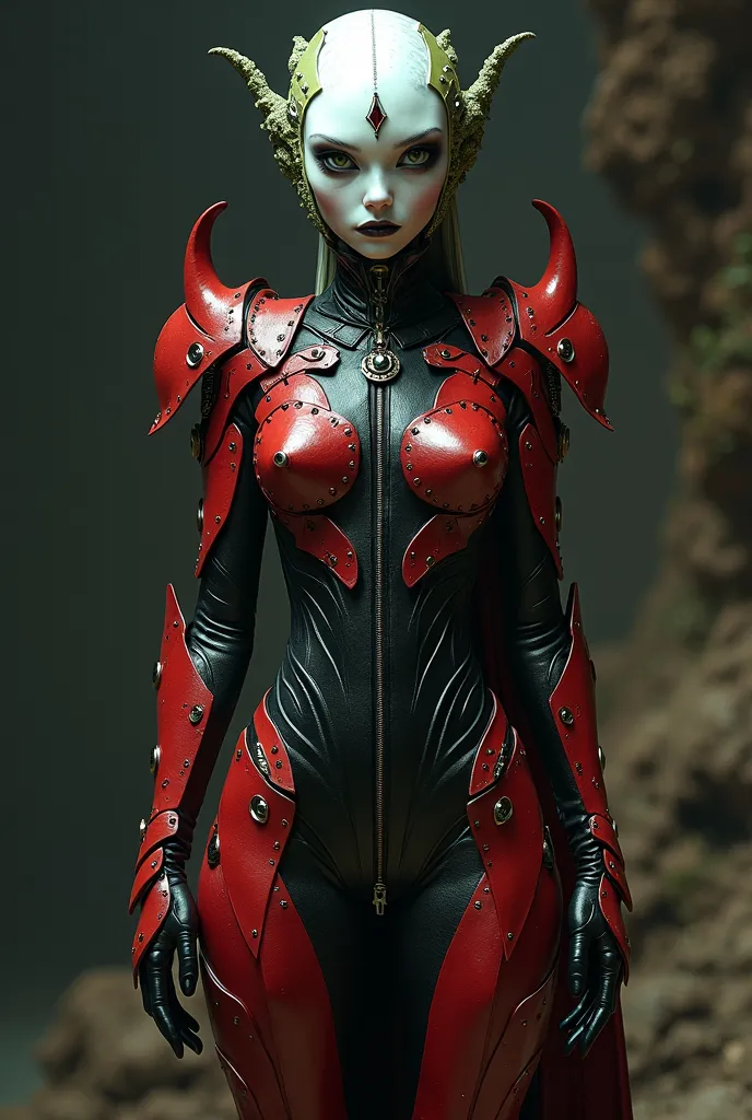 game character, an alien female, white face with dark eyes, a marquise cut gem shape on her forehead, green fantasy accessories on her side head, a scarlet iron armor covering neck and shoulder and chest in styled designs, the leg armor style matches upper...