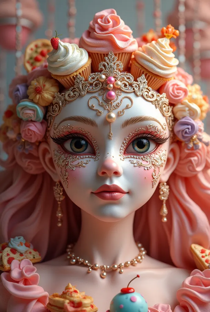 Princess-style carnival mask that says typical foods around 