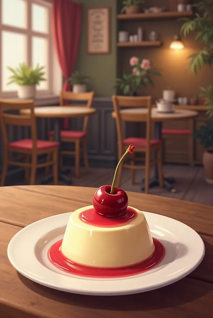 With a dessert at a cafe、Illustration of a pudding with one cherry on it