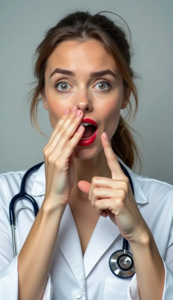 A close-up of a woman making a reaction, facing the camera. One hand is covering her mouth, as if saying 'Oh my god' in surprise, and the other hand is pointing upwards with her index finger. She has a curious and astonished expression on her face. She is ...