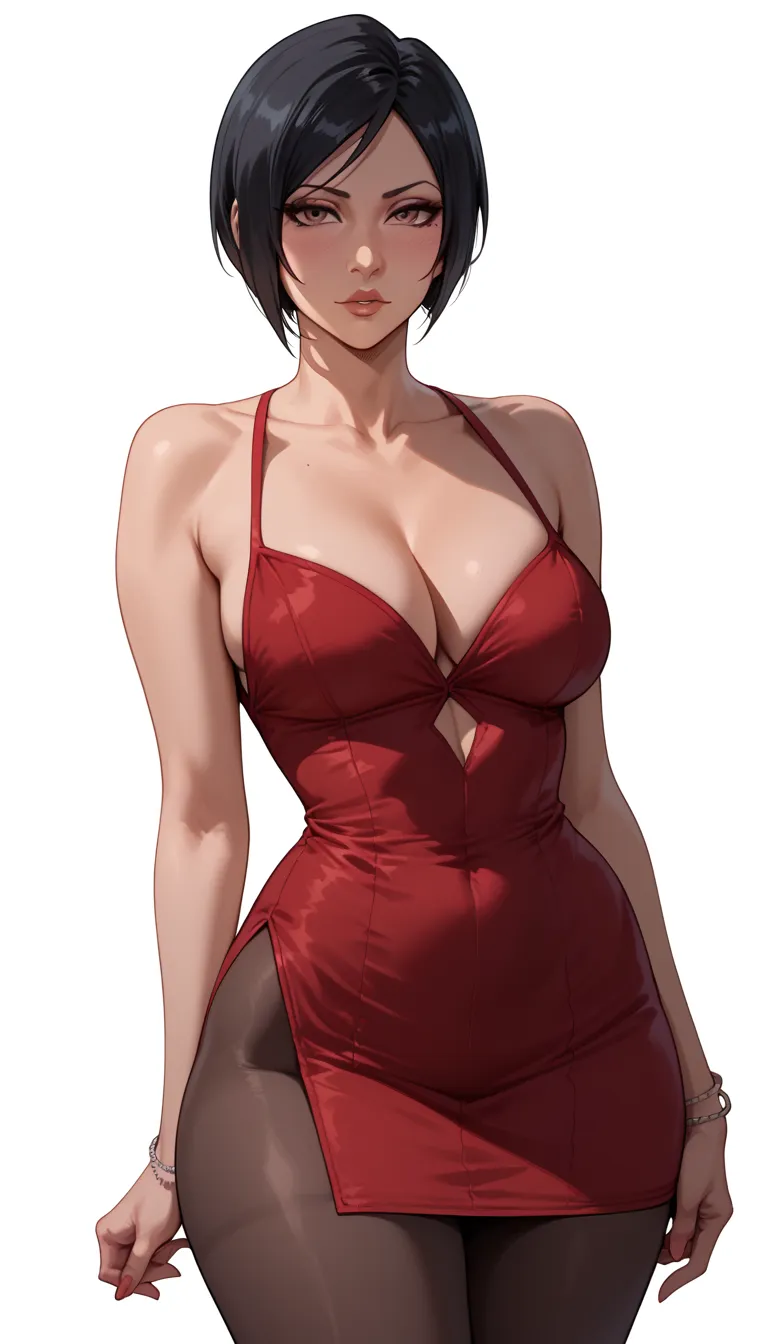 1 girl,solo,ada wong,RE4,mole,asian,red dress, cleavage,pantyhose, bracelets,big hips, very aesthetic body, standing, blush, white background, simple background,9:16, bleach style,