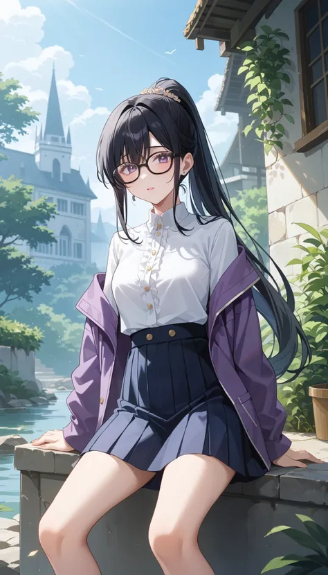 (((strong wild face))), cool vibe,(Long face), black hair、ponytail、black rimmed glasses、black above the knee skirt、Purple jacket、white shirt、Outdoors、 Ulchan-6500-v1.1, ( RAW photos :1.2),  beautiful detailed , very detailedな目 美しい目, beautiful eyes、file siz...