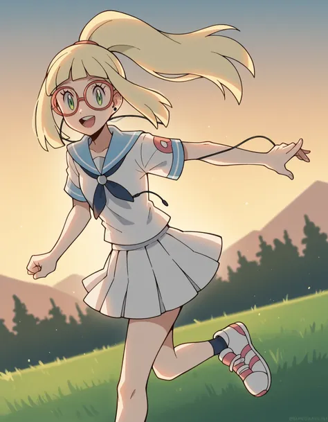  score_9,  score_8_up,  score_7_up,  source_anime, Lily \( Pokémon\), blond hair,  blunt bang, green eye,  long hair,, knitting glasses, french knitting glasses, High Ponytail, mini skirt, pleated  skirt, sailor color,  shirt, SHORT SLEEVE,  skirt, white  ...